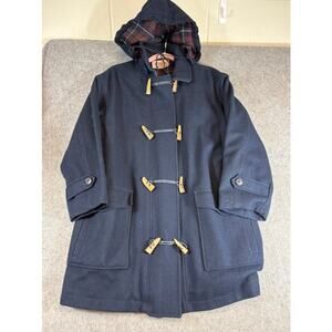 VTG American Eagle Wool Duffle Coat Womens L Plaid Lined Hooded Toggle Overcoat